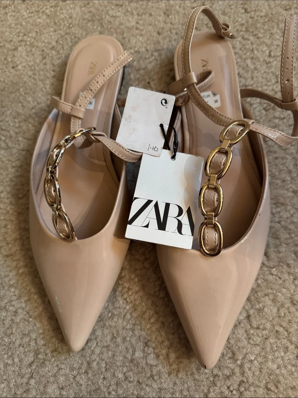 ZARA - Nude Patent Pointed Slingback Flats with Gold Chain Accents - Size 7